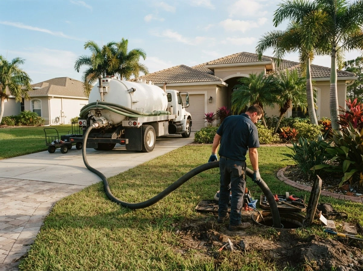A septic pumper truck parked in a driveway while a technician works at the tank